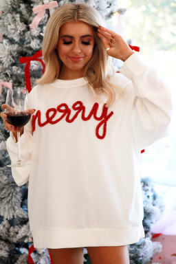 White Merry Tinsel Letter Pattern Ribbed Drop Shoulder Sweatshirt