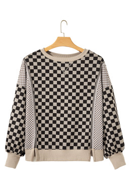 Khaki Mixed Checkered Pattern Patchwork High Low Casual Top