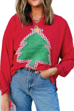 Fiery Red Plaid Frayed Christmas Tree Patched Drop Shoulder Sweatshirt