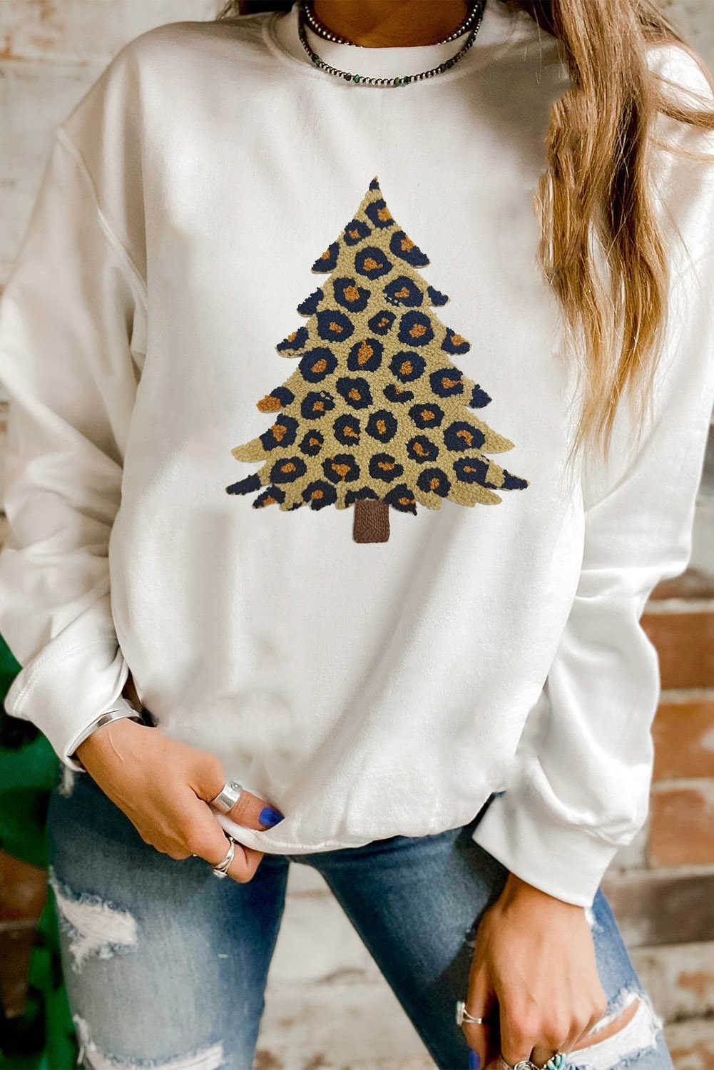 White Leopard Christmas Tree Terry Flocking Round Neck Sweatshirt