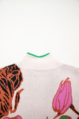 Khaki Contrast Trim Floral Pattern Quarter Zip Stand Neck Sweater