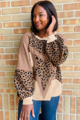 Light French Beige Star Leopard Patchwork Sweatshirt
