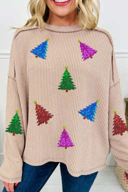 Parchment Christmas Tree Sequins Patch Exposed Seam Ribbed Long Sleeve Top
