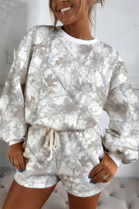 Light Grey Camouflage Print Round Neck Drop Sleeve Shorts Set