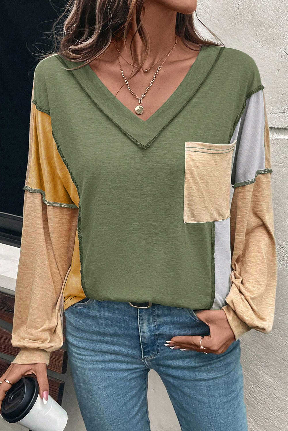 Jungle Green Exposed Stitching Colorblock V Neck Long Sleeve Top