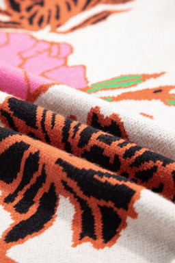 Khaki Contrast Trim Floral Pattern Quarter Zip Stand Neck Sweater