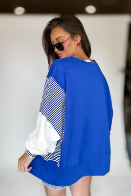 Dark Blue Striped Patchwork Sleeve Colorblock Sweatshirt