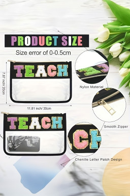 Black TEACH Glitter Chenille Clear PVC Makeup Bag