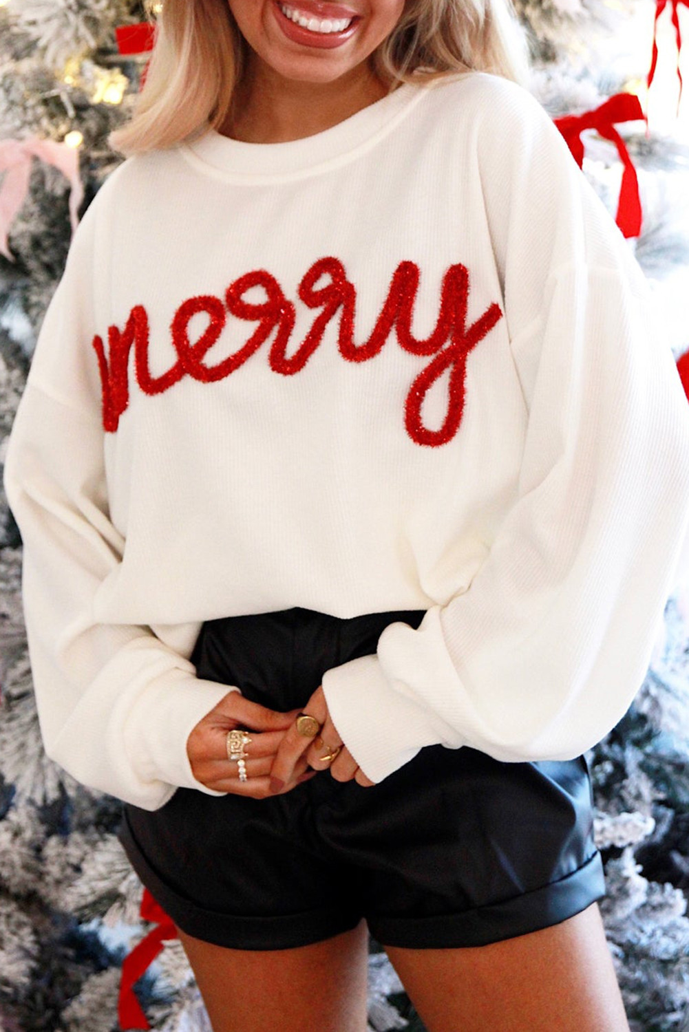 White Merry Tinsel Letter Pattern Ribbed Drop Shoulder Sweatshirt