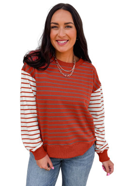 Orange Stripe Contrast Sleeve Patchwork Drop Shoulder Long Sleeve Sweatshirt