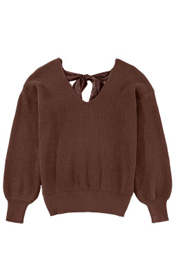 Coffee Lantern Sleeve V Neck Knot Back Sweater