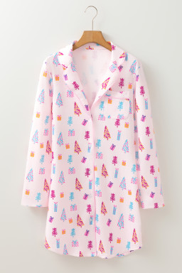Pink Christmas Twinkle Tree Print Casual Shirt Sleep Dress