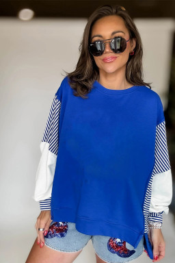 Dark Blue Striped Patchwork Sleeve Colorblock Sweatshirt