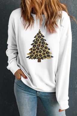 White Leopard Christmas Tree Terry Flocking Round Neck Sweatshirt