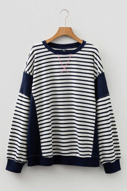 Blue Stripe Contrast Stitched Detail Color Block Patchwork Plus Size Sweatshirt