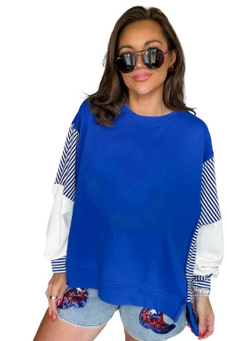 Dark Blue Striped Patchwork Sleeve Colorblock Sweatshirt