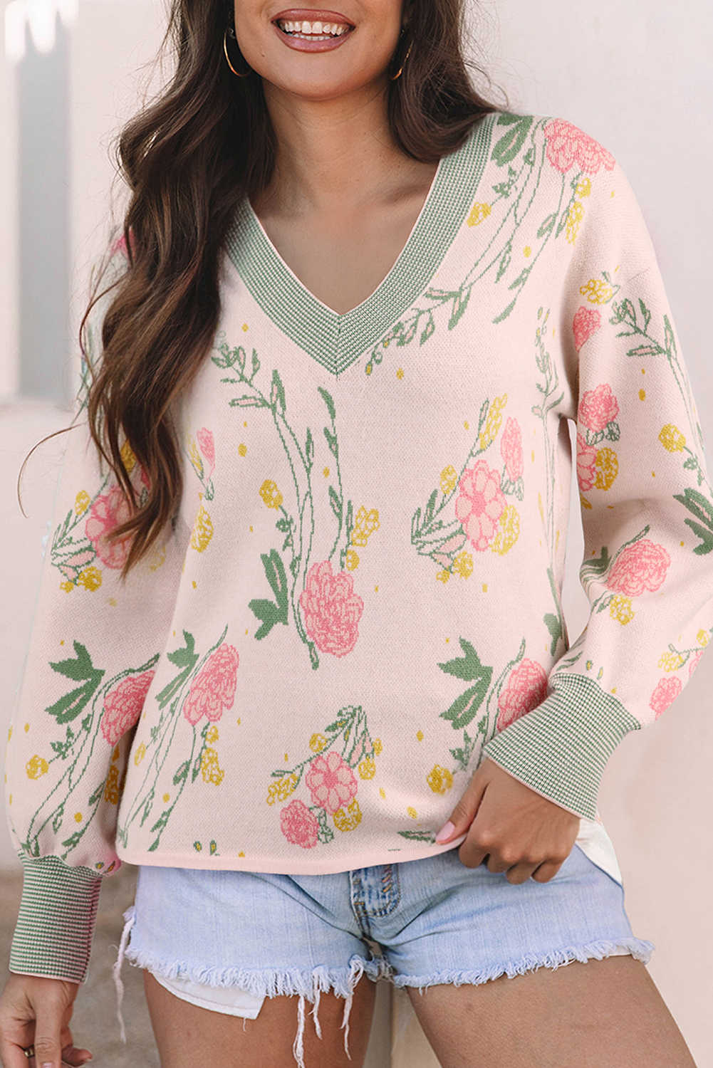 Pink Floral Striped Colorblock V Neck Loose Sweater