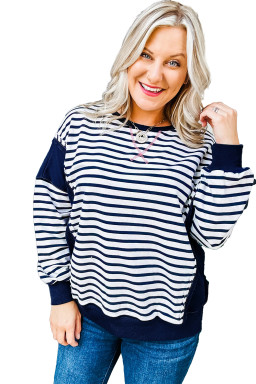 Blue Stripe Contrast Stitched Detail Color Block Patchwork Plus Size Sweatshirt