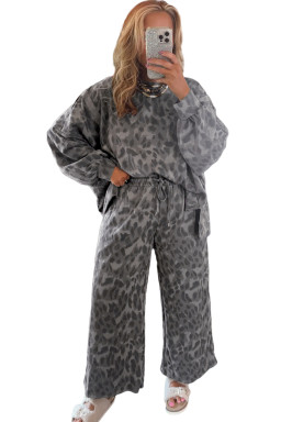 Gray Allover Leopard Print Pullover Drawstring Loose Pants Set