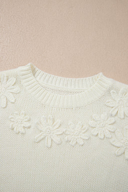 White Flower Detail Round Neck Contrast Textured Puff Sleeve Sweater