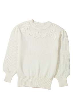 White Flower Detail Round Neck Contrast Textured Puff Sleeve Sweater