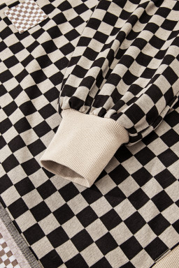 Khaki Mixed Checkered Pattern Patchwork High Low Casual Top