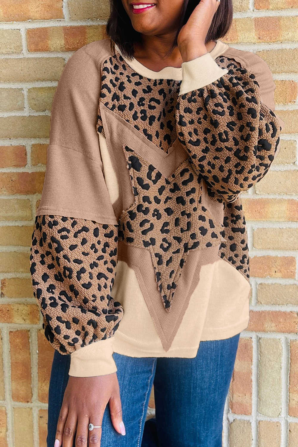 Light French Beige Star Leopard Patchwork Sweatshirt