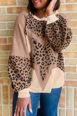 Light French Beige Star Leopard Patchwork Sweatshirt