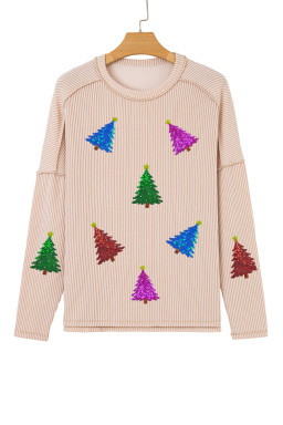 Parchment Christmas Tree Sequins Patch Exposed Seam Ribbed Long Sleeve Top