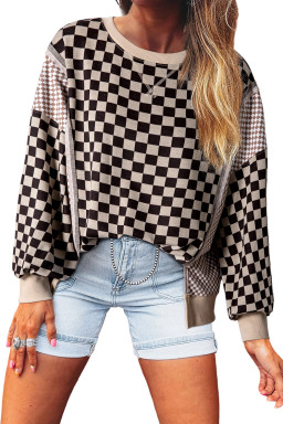 Khaki Mixed Checkered Pattern Patchwork High Low Casual Top
