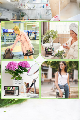 Black TEACH Glitter Chenille Clear PVC Makeup Bag