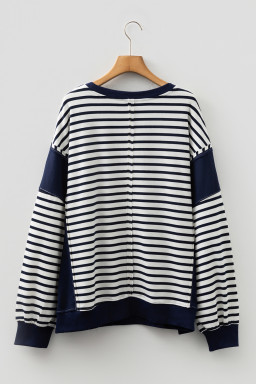 Blue Stripe Contrast Stitched Detail Color Block Patchwork Plus Size Sweatshirt