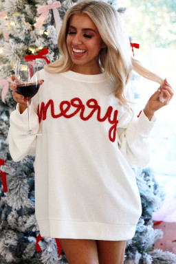 White Merry Tinsel Letter Pattern Ribbed Drop Shoulder Sweatshirt