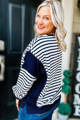 Blue Stripe Contrast Stitched Detail Color Block Patchwork Plus Size Sweatshirt
