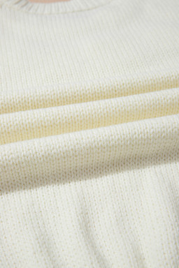 White Flower Detail Round Neck Contrast Textured Puff Sleeve Sweater