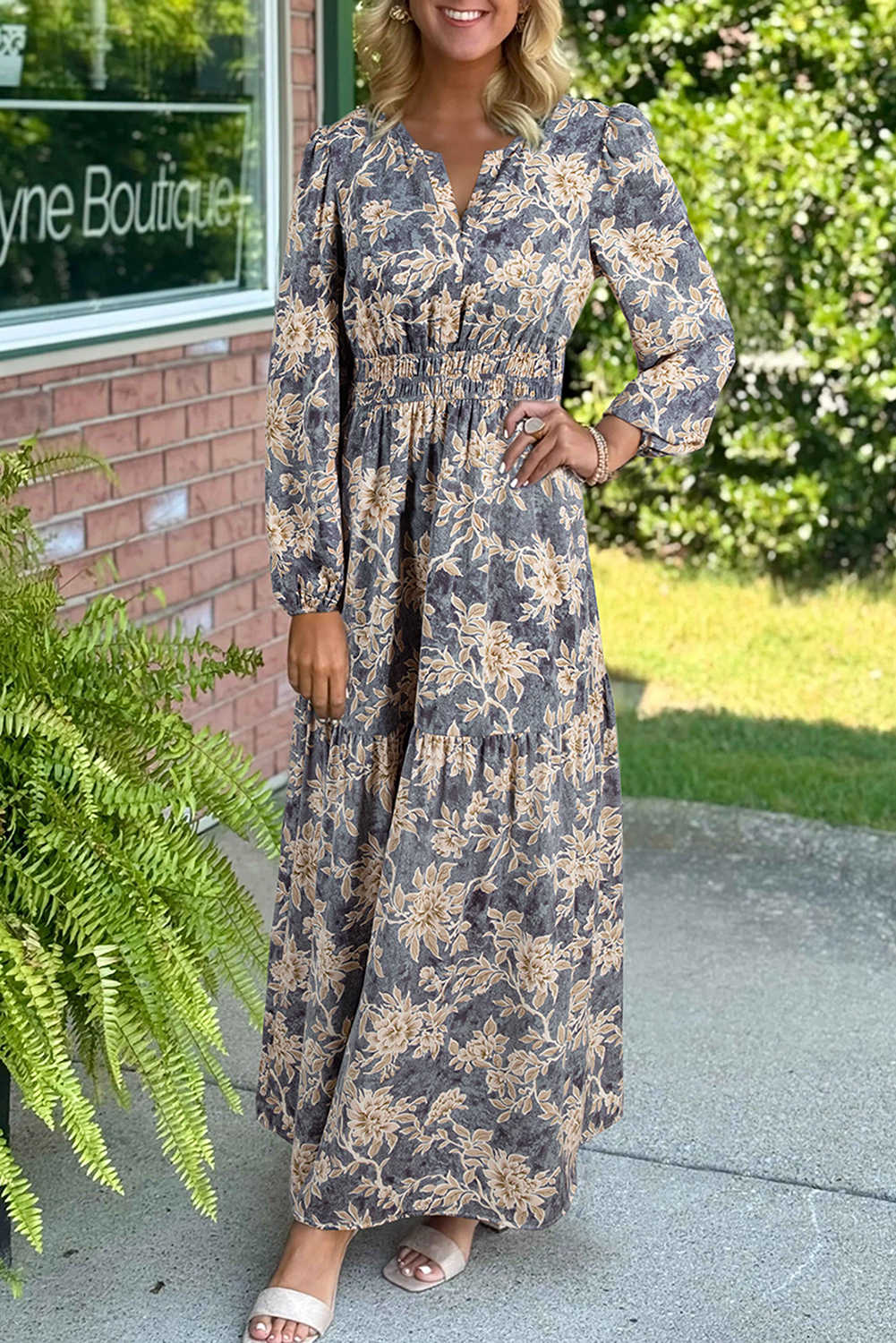 Sky Blue Floral Print Smocked High Waist Long Sleeve Maxi Dress