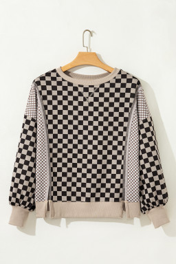 Khaki Mixed Checkered Pattern Patchwork High Low Casual Top