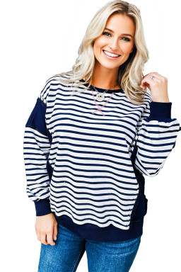 Blue Stripe Contrast Stitched Detail Color Block Patchwork Plus Size Sweatshirt