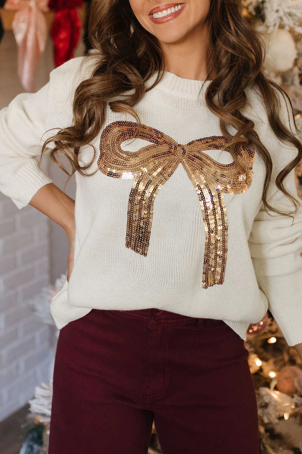 White Sequin Bow Graphic Knit Sweater