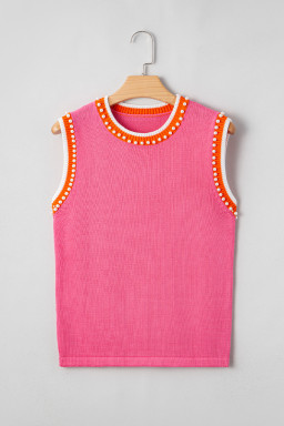 Bright Pink Pearl Embellished Contrast Trim Sleeveless Knit Top