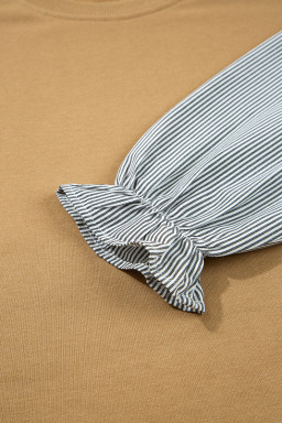 Camel Floral Striped Patchwork Ruffled Sleeve Crew Neck Sweatshirt