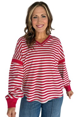 Red Striped Balloon Sleeve V Neck Blouse