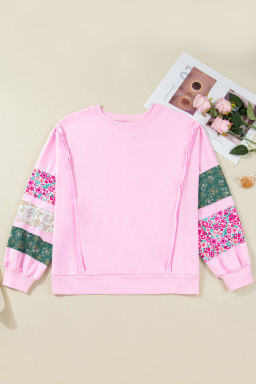Pink Plus Size Mix Floral Patched Sleeve Ribbed Trim Baggy Sweatshirt