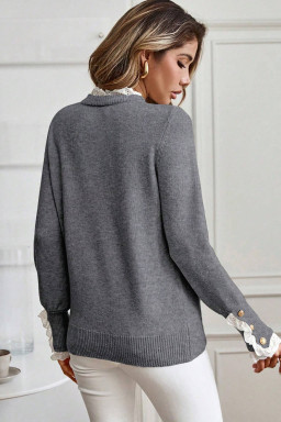 Sleet Lace Trim Patchwork Buttoned Cuffs Loose Sweater
