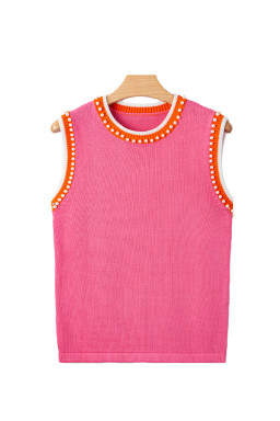 Bright Pink Pearl Embellished Contrast Trim Sleeveless Knit Top
