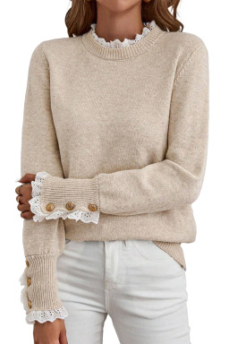 Jet Stream Lace Trim Patchwork Buttoned Cuffs Loose Sweater