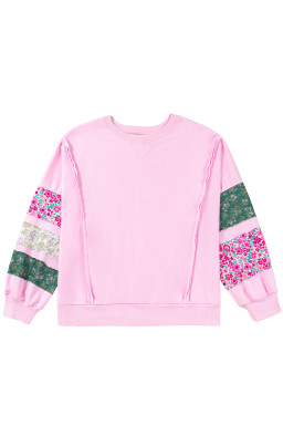 Pink Plus Size Mix Floral Patched Sleeve Ribbed Trim Baggy Sweatshirt