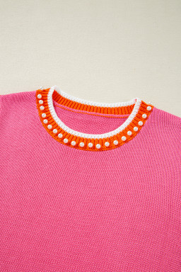 Bright Pink Pearl Embellished Contrast Trim Sleeveless Knit Top