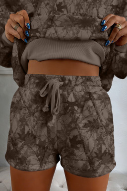Brown Camouflage Print Round Neck Drop Sleeve Shorts Set