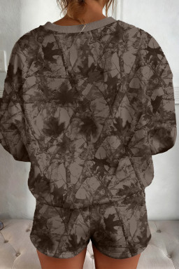 Brown Camouflage Print Round Neck Drop Sleeve Shorts Set